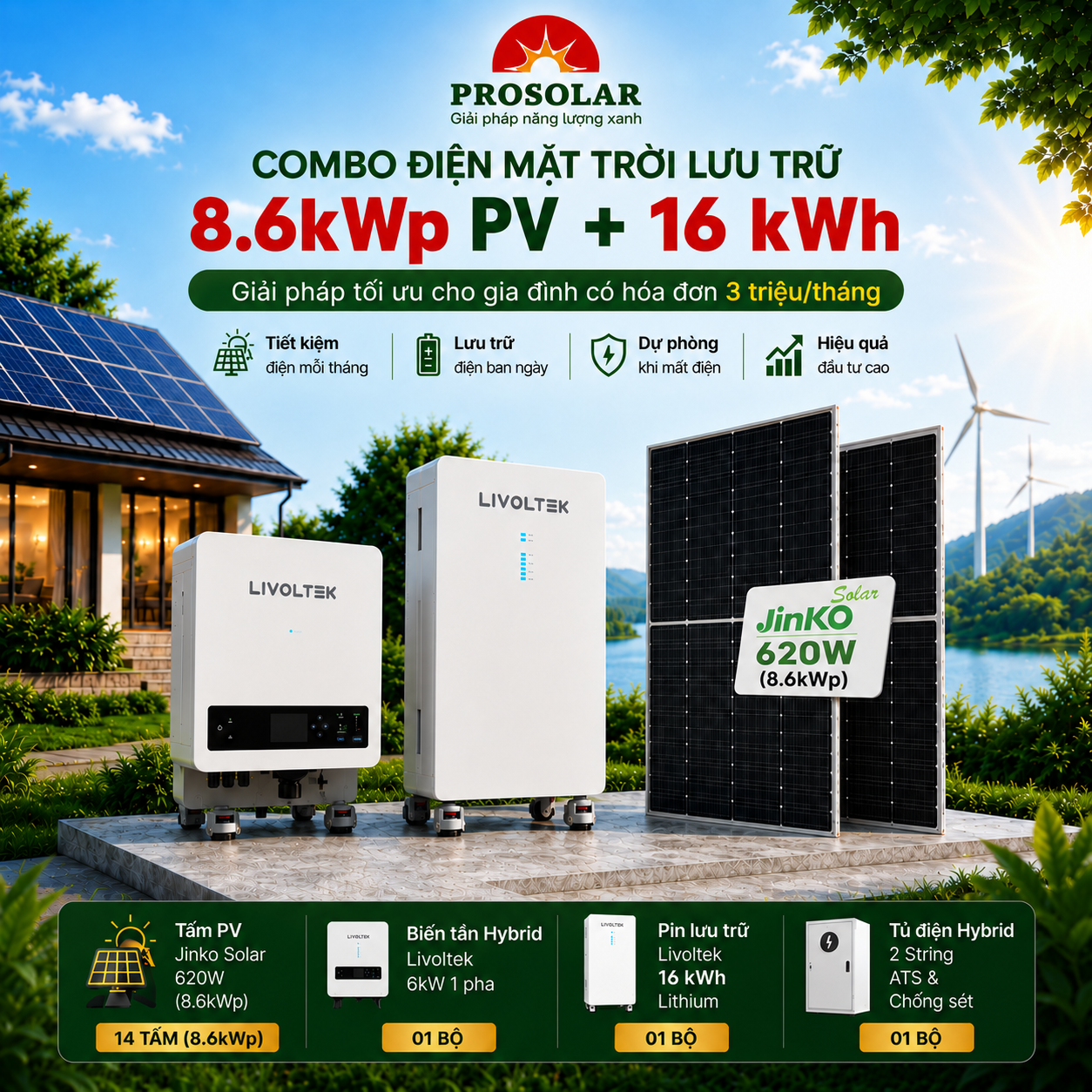 Combo Hybrid 8.6kWp - Lưu Trữ 16kWh (Jinko & Livoltek)